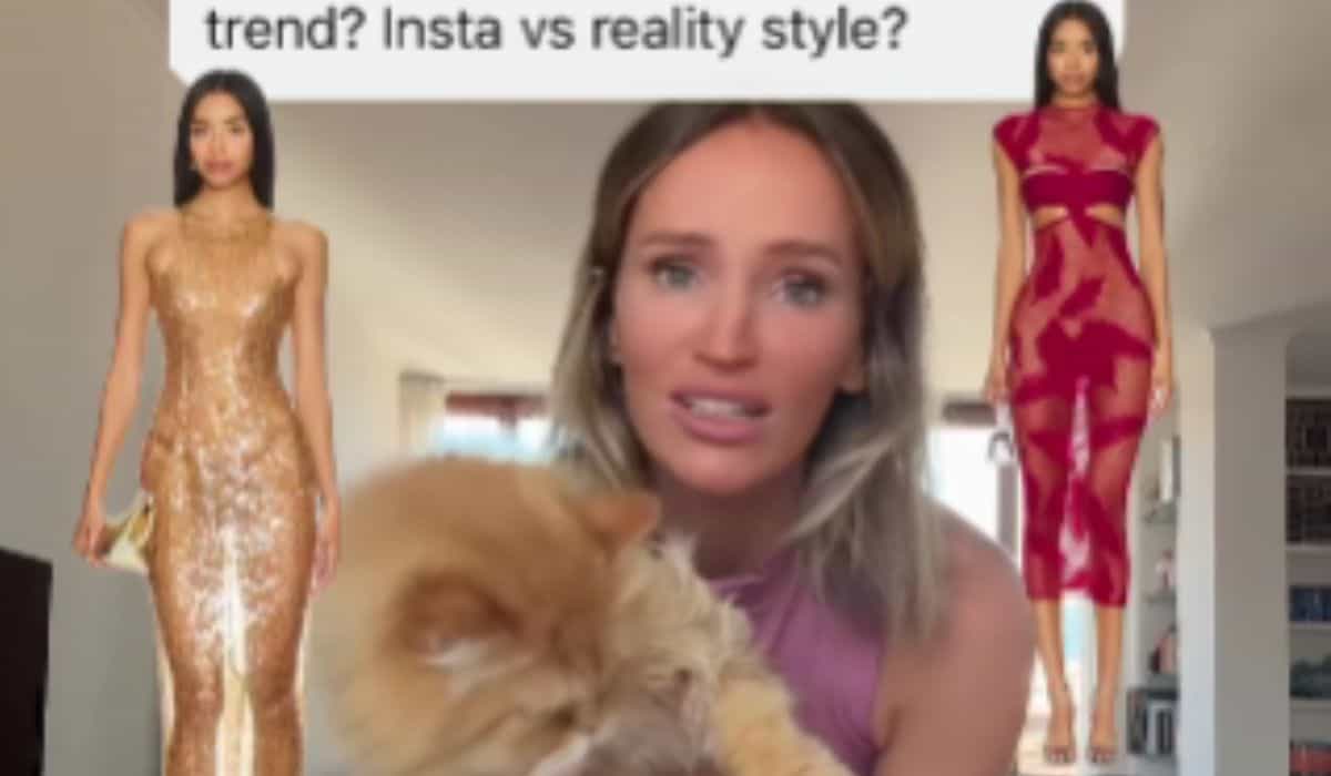 Influenciadora famosa experimenta vestidos transparente e fala sobre a tendência: "online vs realidade"