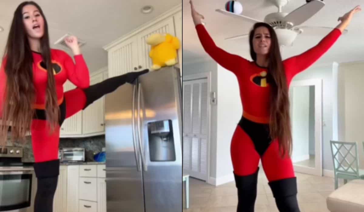 Marie Temara, 2 méter magas felnőtt tartalomkészítő, lélegzetelállítóan pózol Mrs. Incredible jelmezben