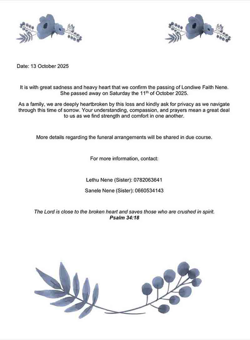 Fans en collega’s rouwen om Londiwe Faith Nene op sociale media. Instagram @nenelondiwe